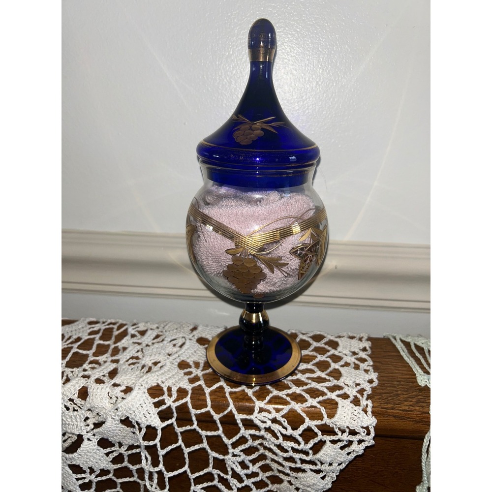 Vintage Cobalt Blue Gold Grape Leaf Glass Apothecary Jar Lidded Candy Dish